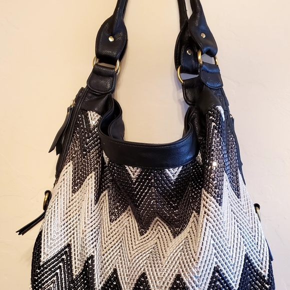 Big Buddha Black, White & Silver Chevron Large Women's Expandable Tote Bag - Picture 1 of 8